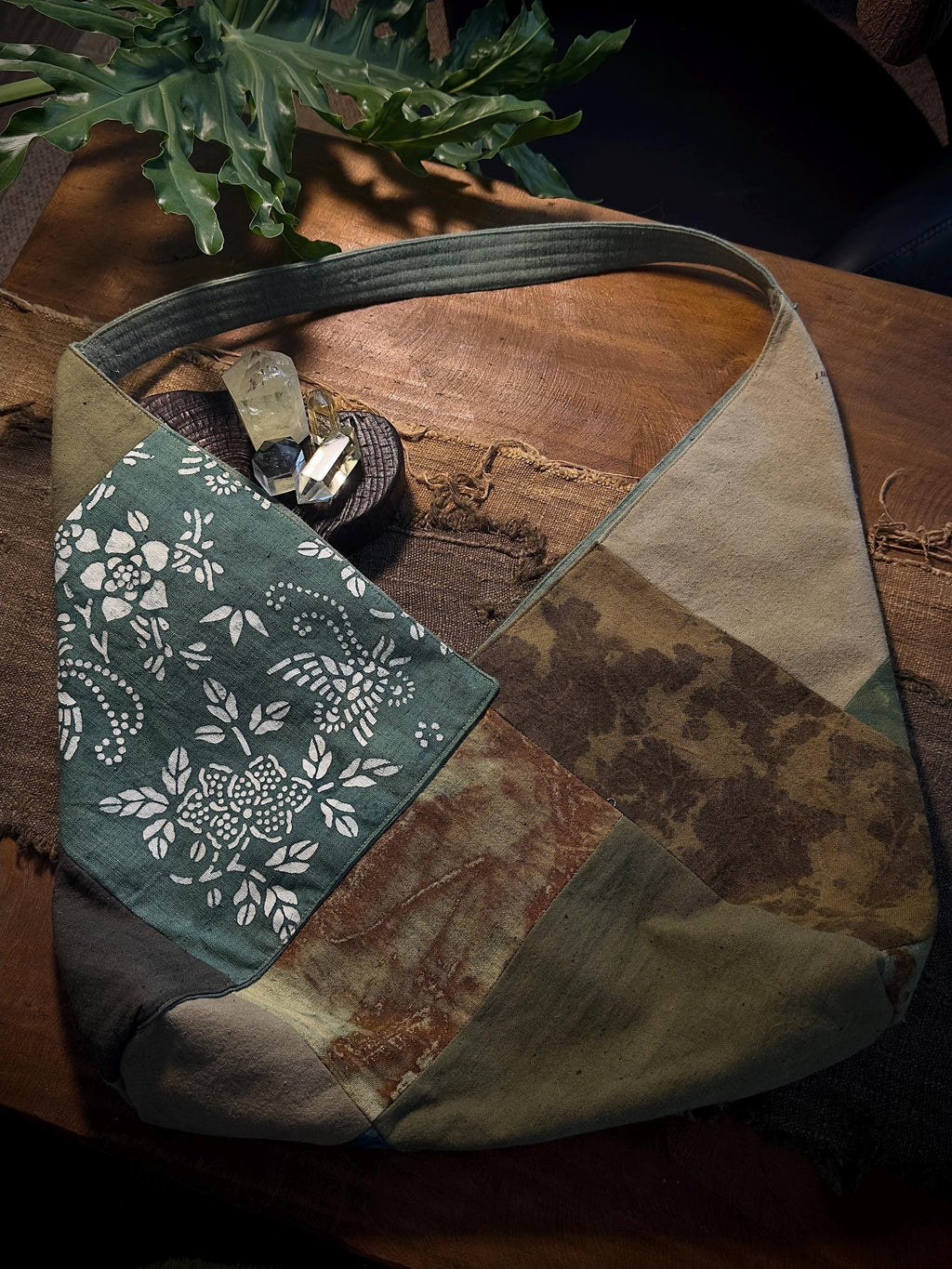 Olive green reversible plant dyed patchwork cotton bag