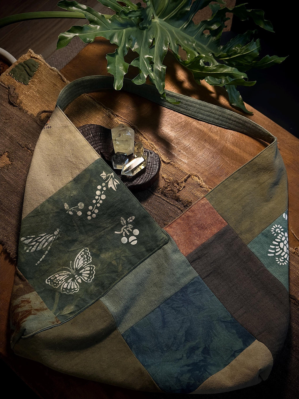 Olive green reversible plant dyed patchwork cotton bag