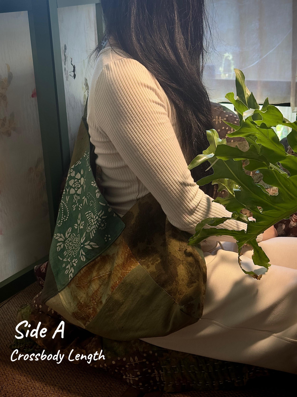 Olive green reversible plant dyed patchwork cotton bag