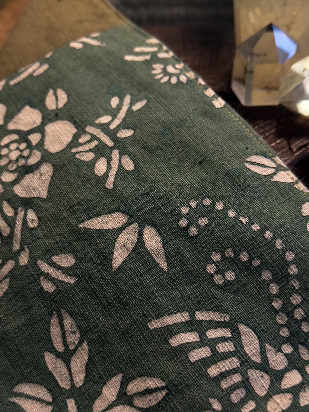 Olive green reversible plant dyed patchwork cotton bag