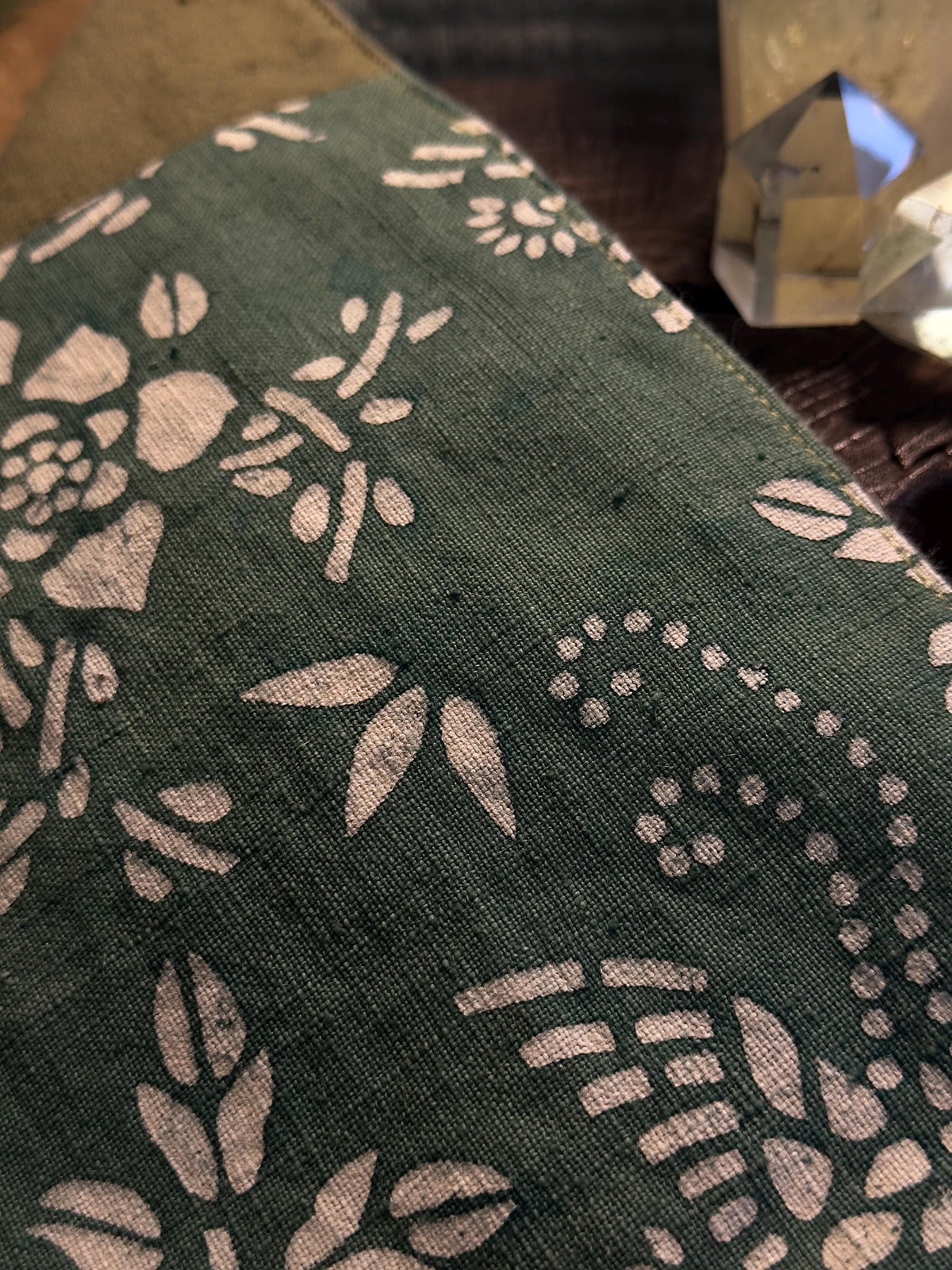 Olive green reversible plant dyed patchwork cotton bag