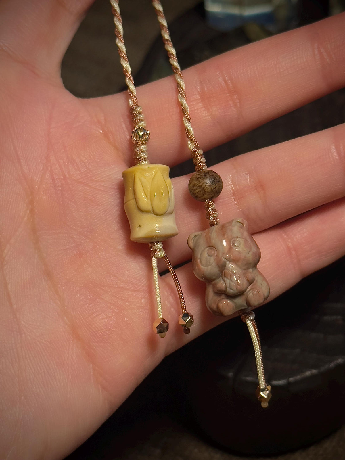 Panda bamboo natural stone handwoven charm close-up