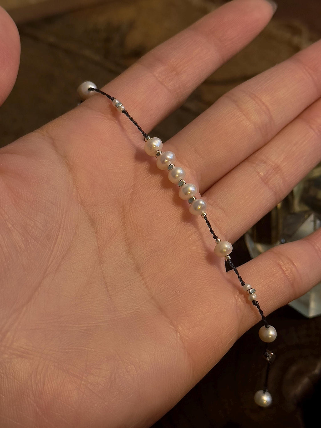 Minimalist navy cord pearl bracelet