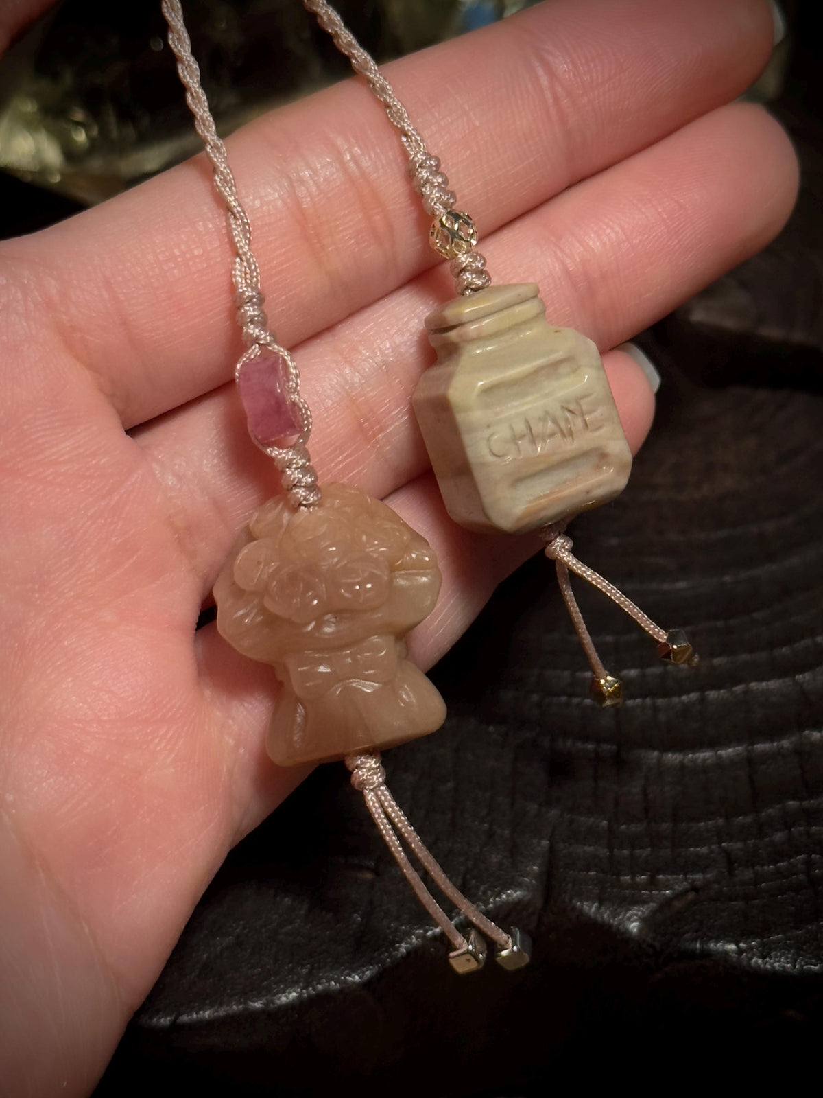 Flower bouquet and perfume natural stone bag charm close-up