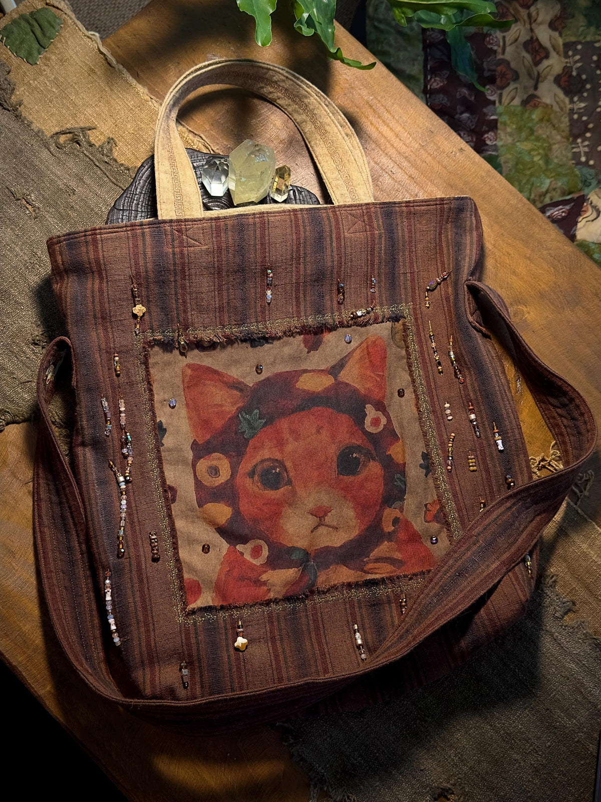 Persimmon dyed plant dyed vintage cat crossbody bag in handwoven cotton