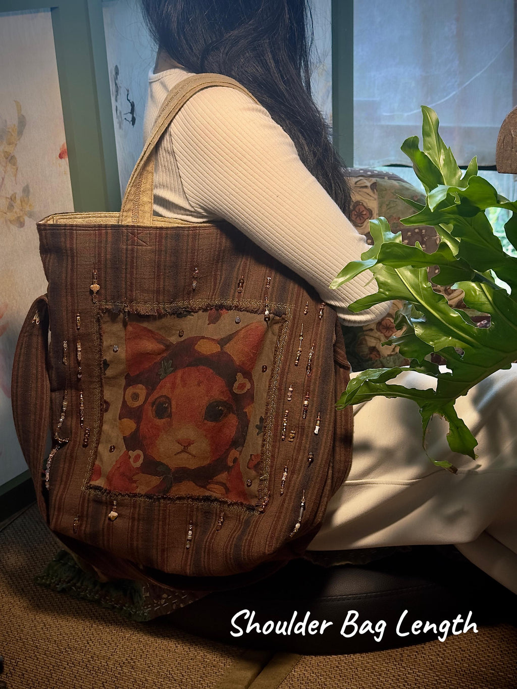 Plant dyed vintage cat bag with persimmon dyed textile panel