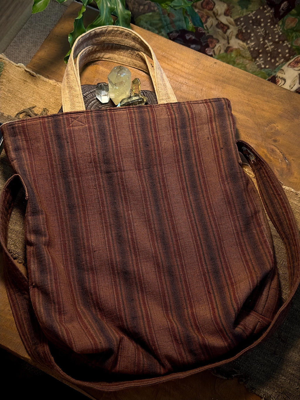 Handmade plant dyed cotton cat bag with fixed crossbody strap