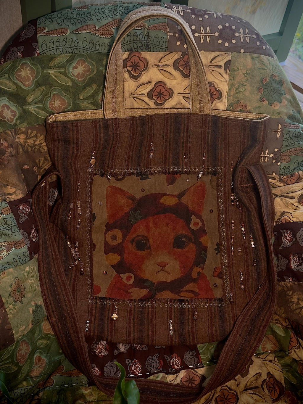 Wabi-sabi plant dyed cotton shoulder and crossbody cat bag