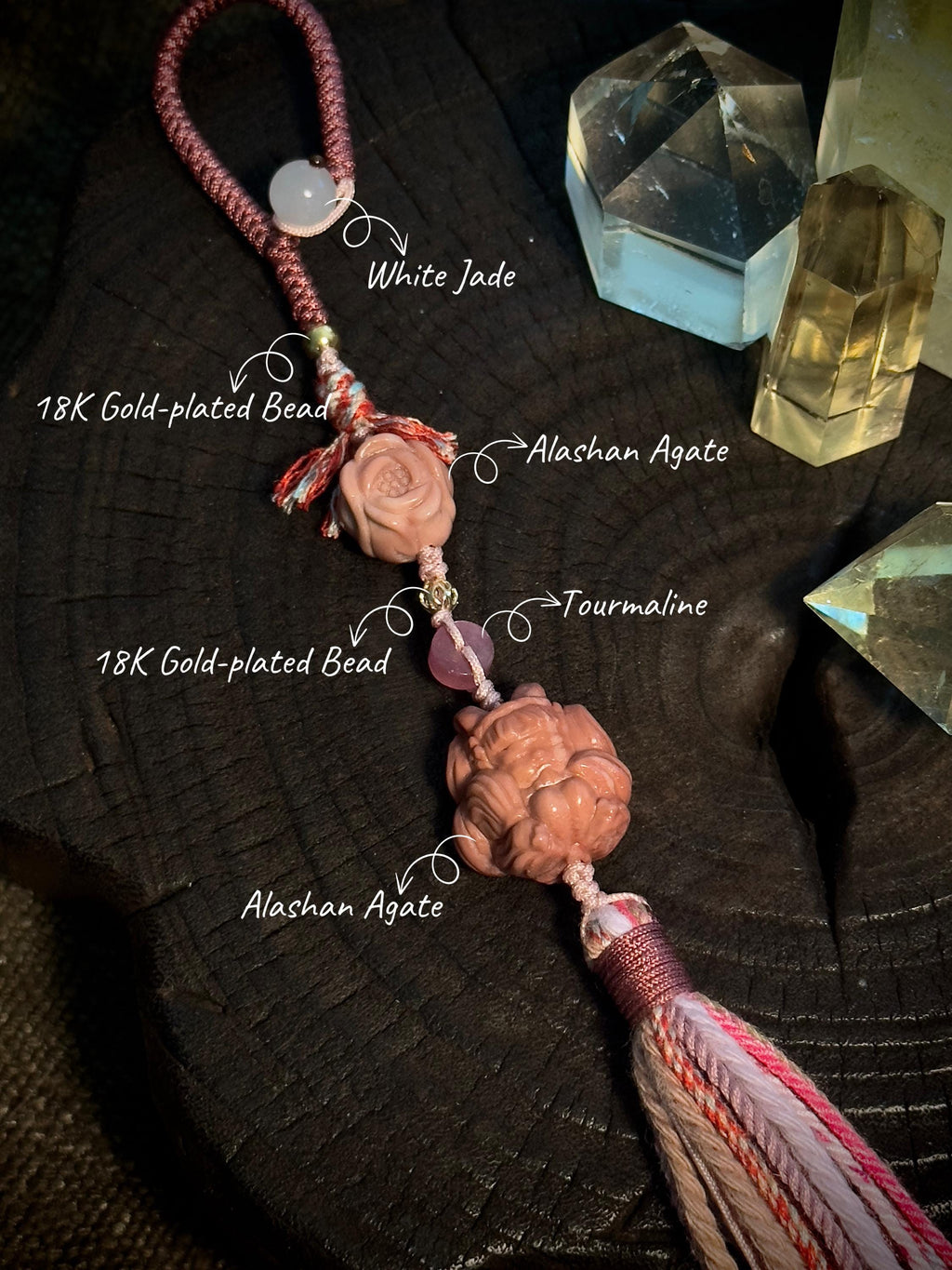 Natural pink Alashan agate nine-tailed fox charm detail