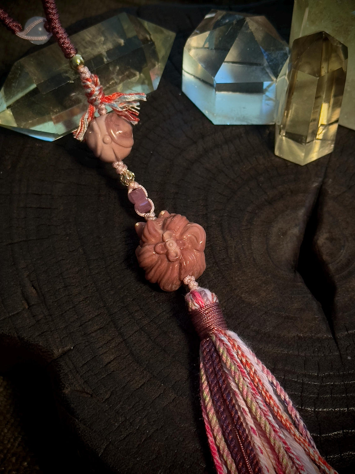 Pink fox and rose natural stone bag charm close-up