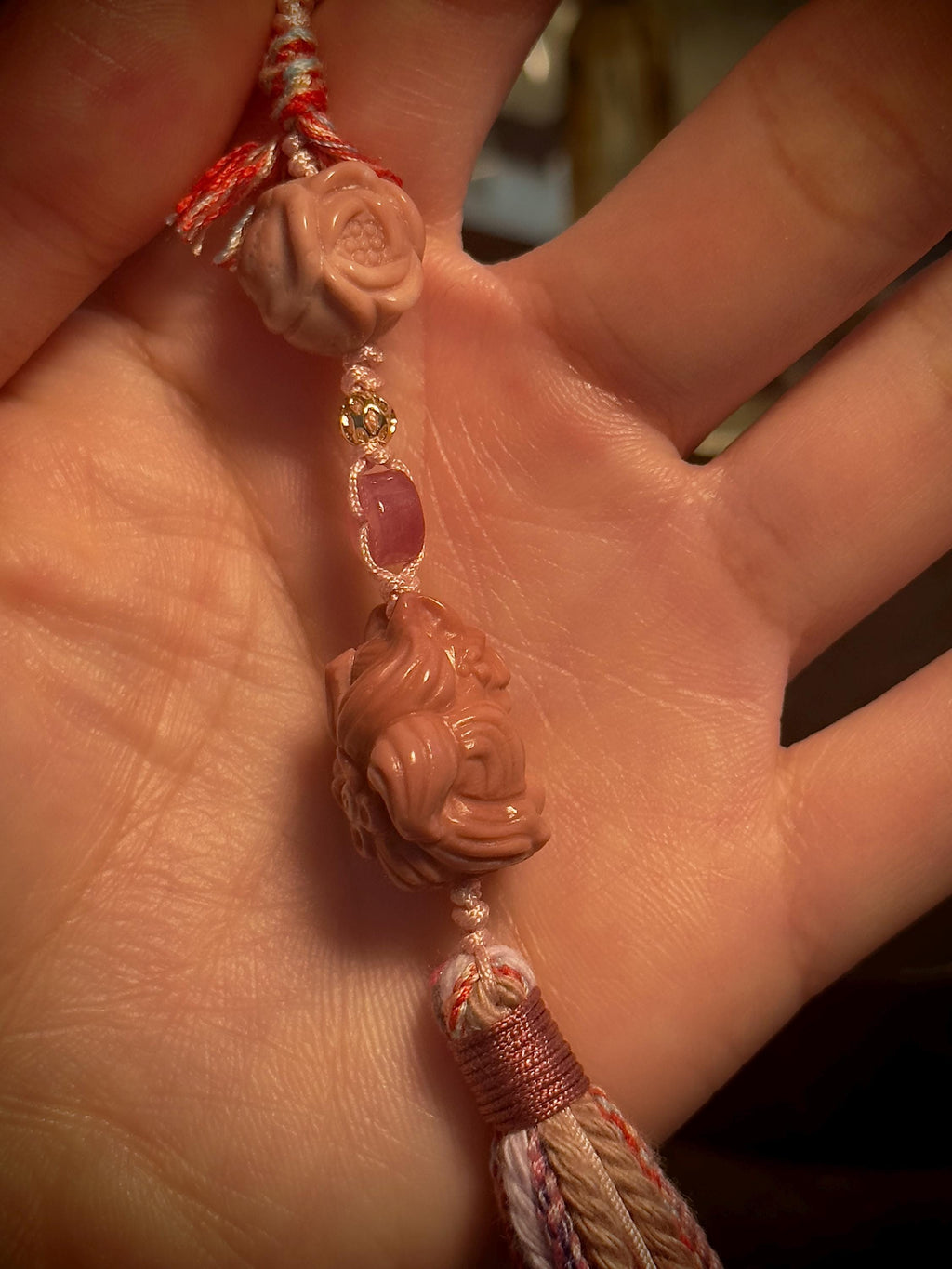 Pink Alashan agate fox rose charm with tourmaline detail