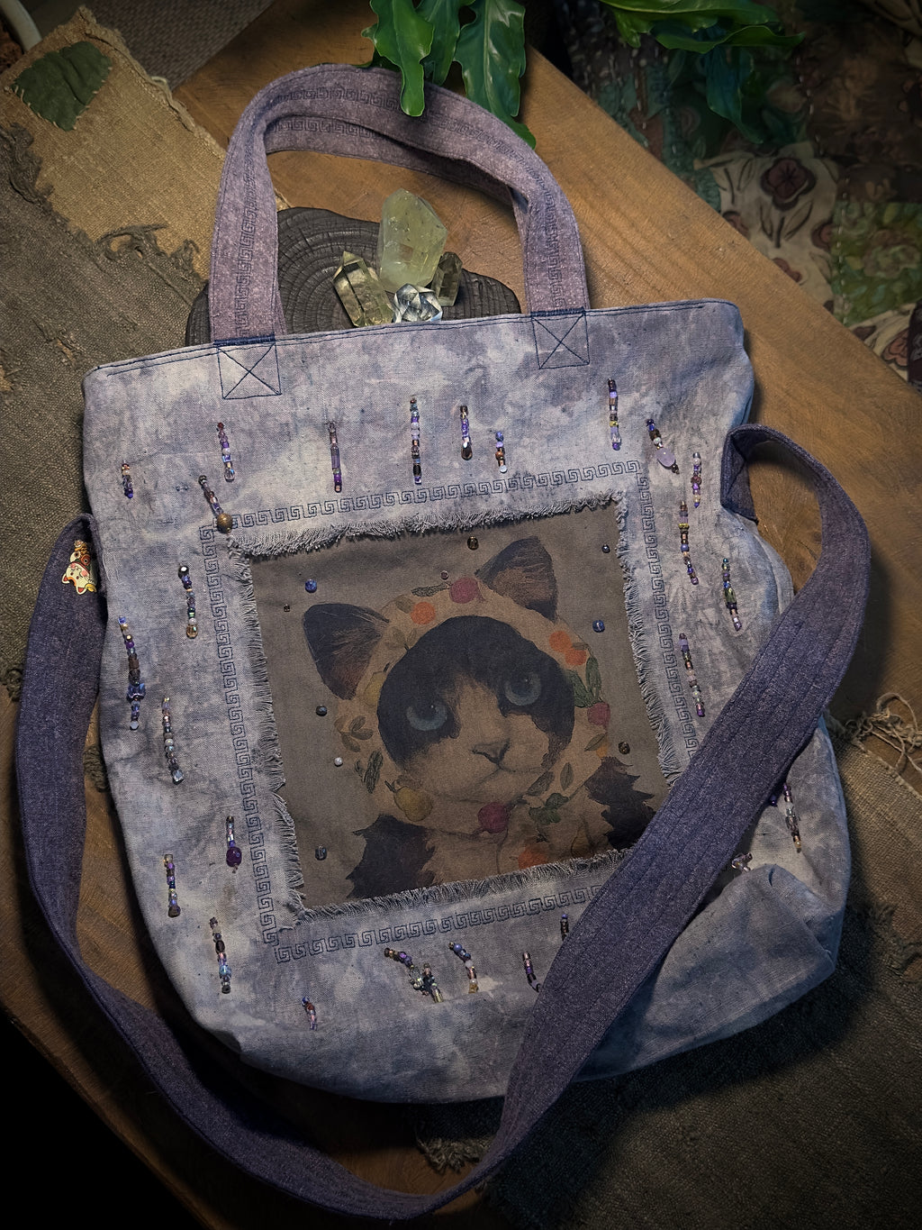 Purple Plant-Dyed Vintage Cat Bag – front view