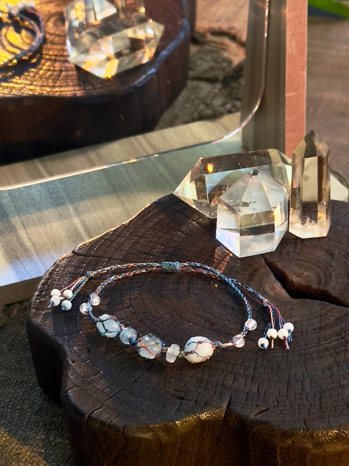 Raw aquamarine and jade adjustable handwoven bracelet