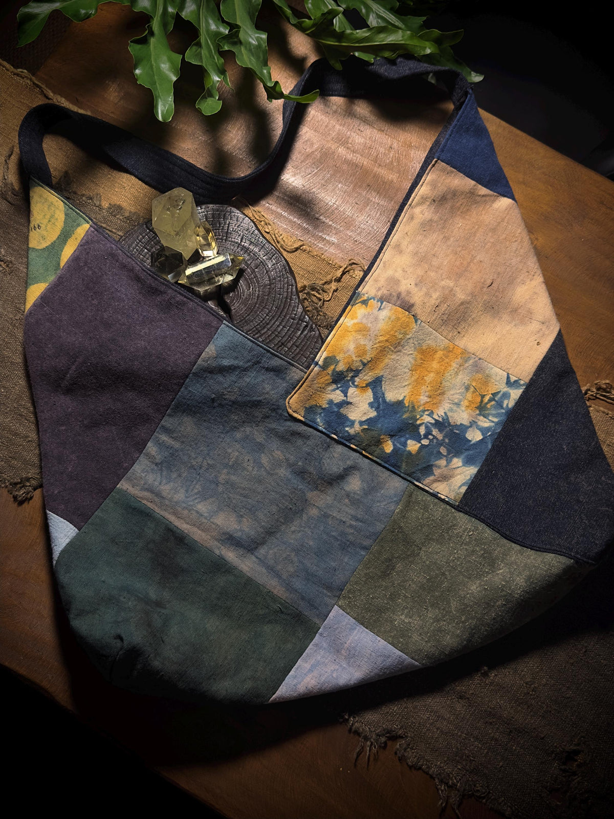 Reversible Plant-Dyed Patchwork Bag – front view