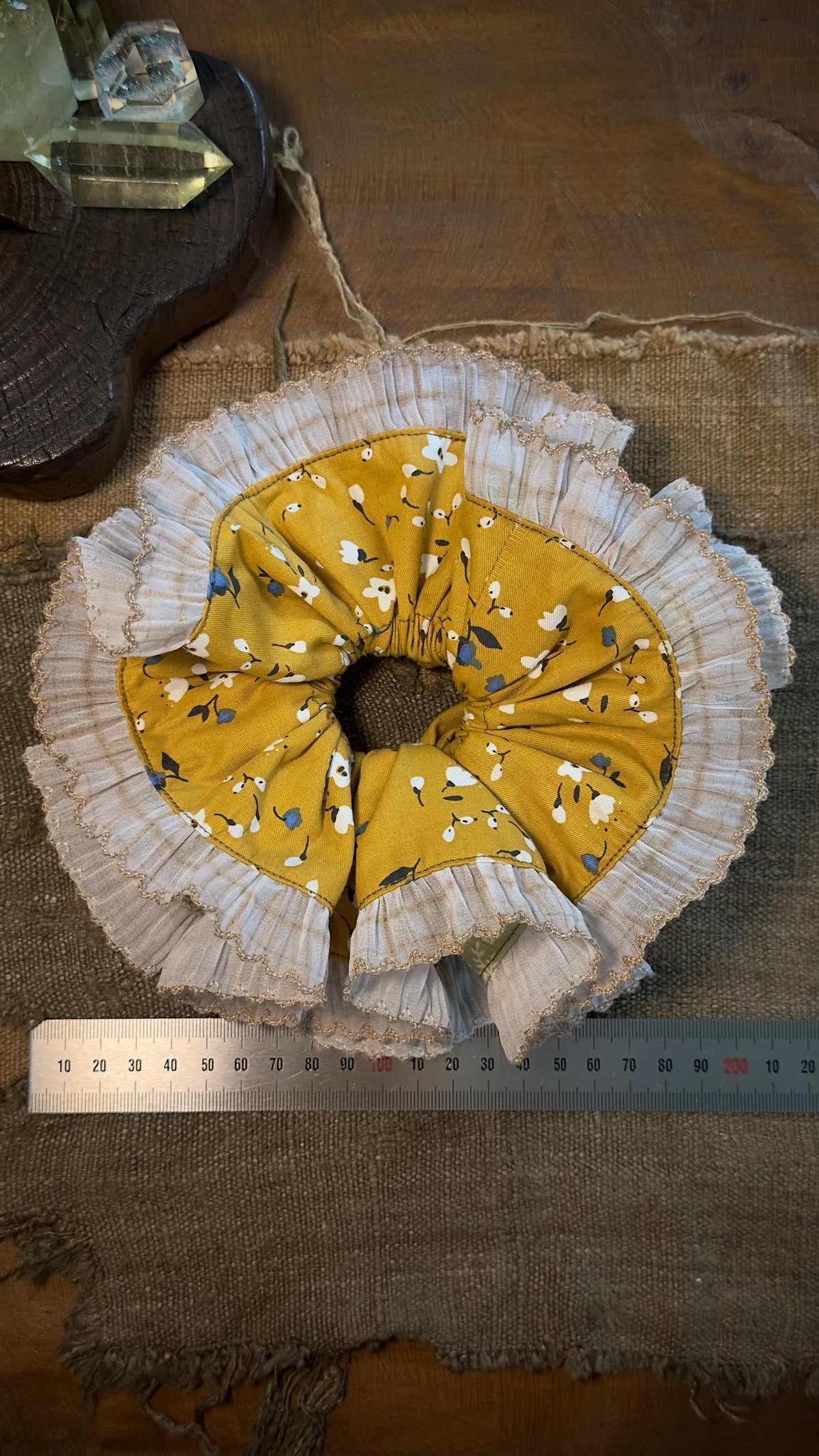 Mustard yellow floral side of reversible ruffle scrunchie