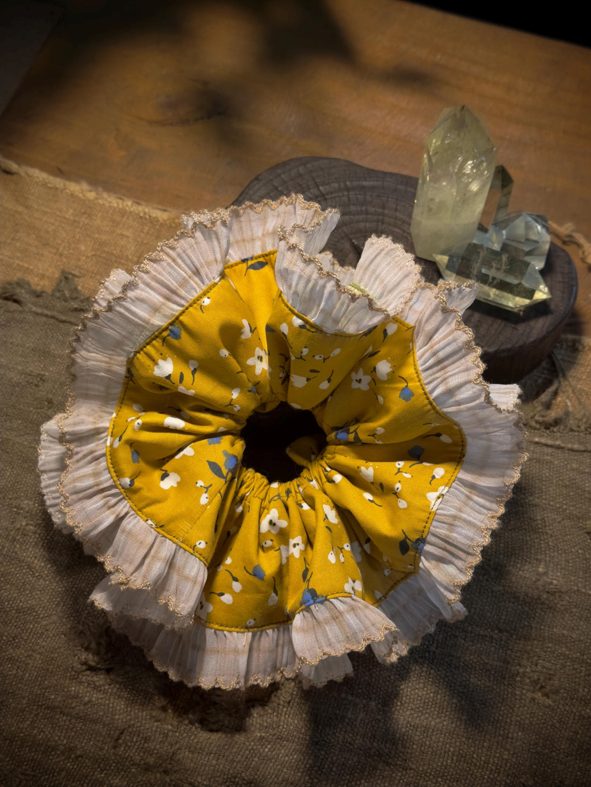 Sage green botanical side of reversible cotton scrunchie