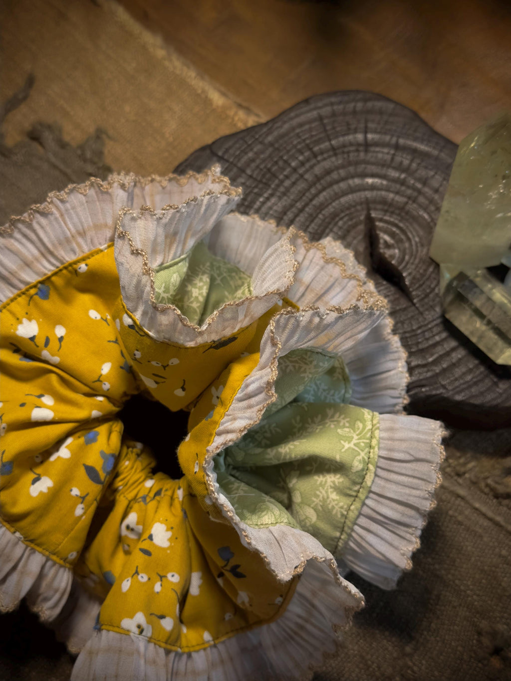 Pleated ruffle trim detail on reversible cotton scrunchie