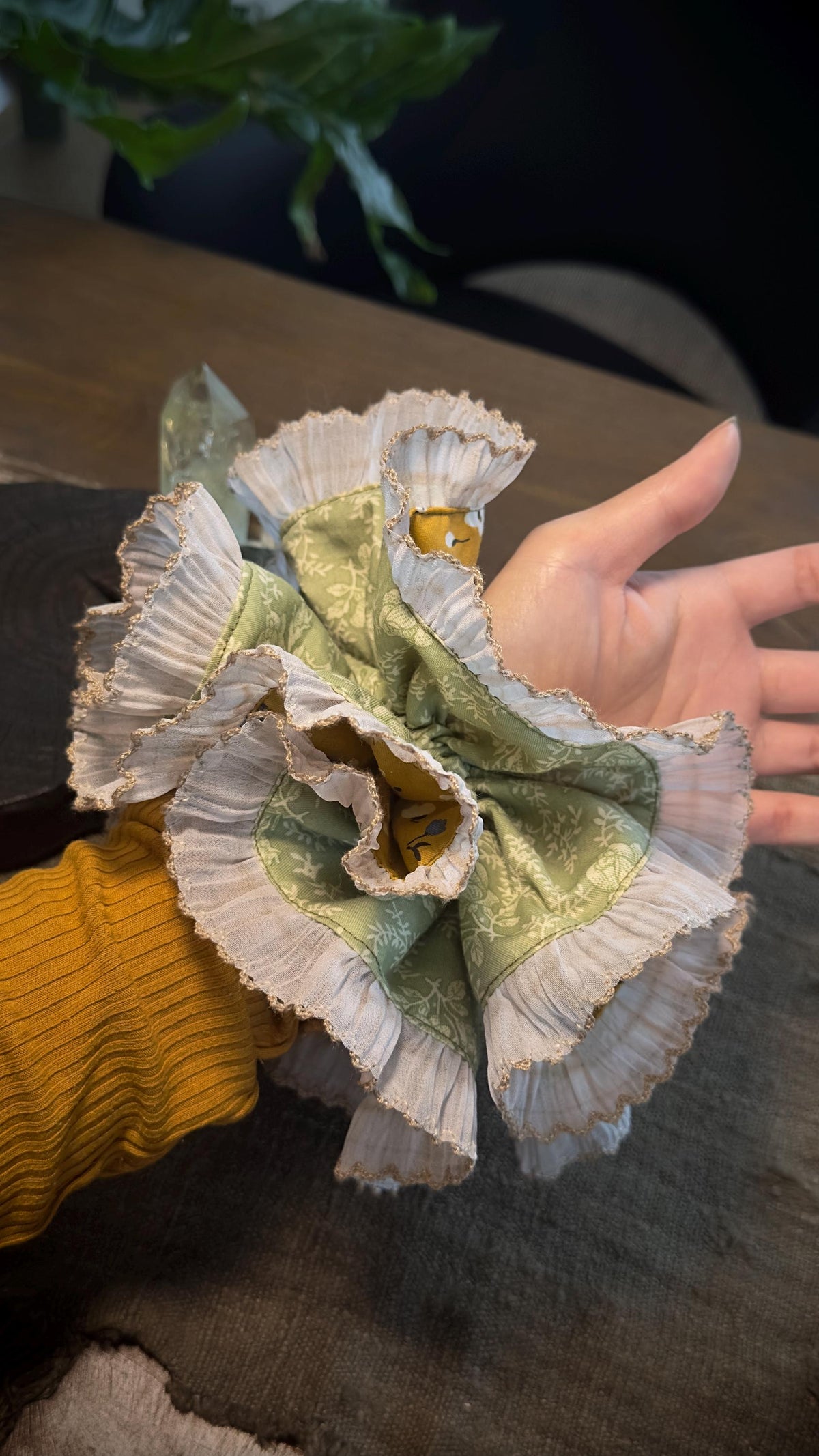 Handmade mustard and sage green reversible ruffle scrunchie