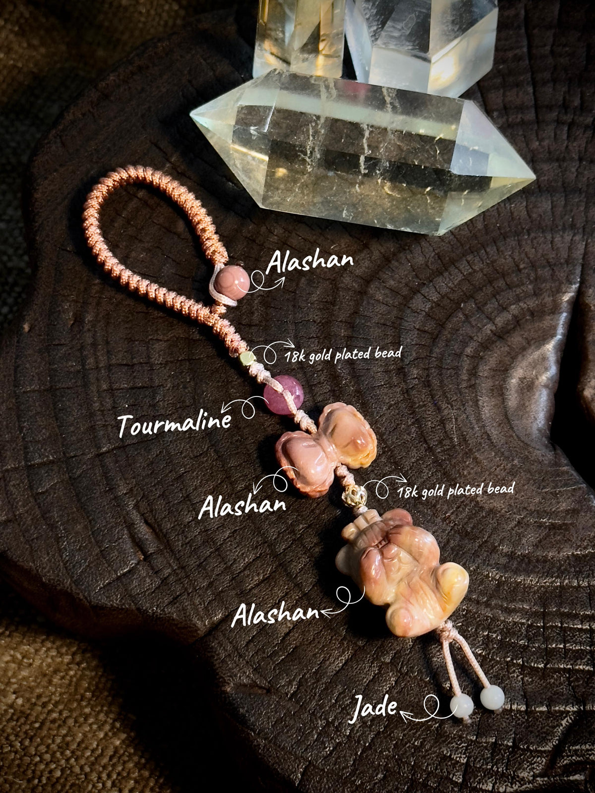 Handwoven Alashan agate bear charm with natural stone details