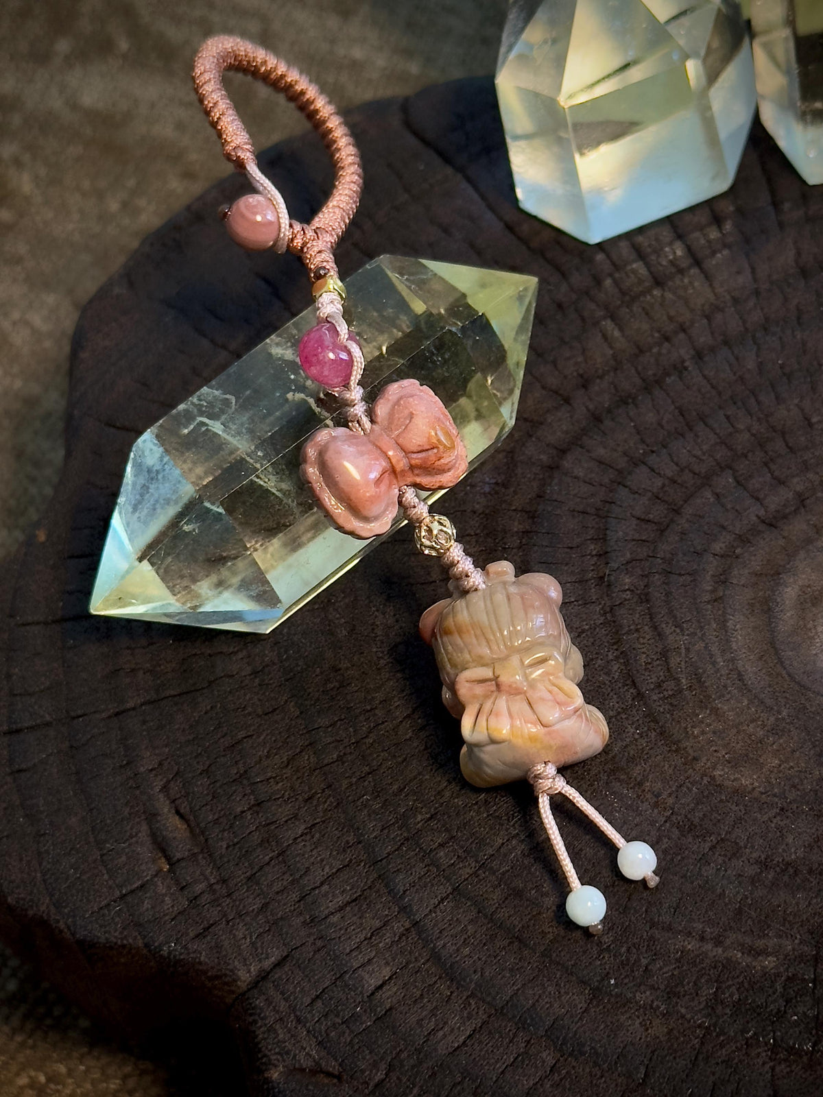 Carved Alashan agate bear pendant and ribbon bow charm