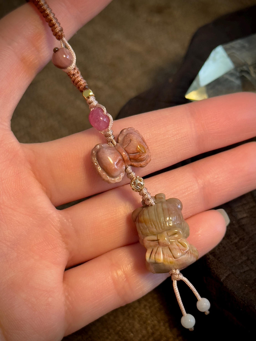 Alashan agate bear charm with jade and tourmaline accents