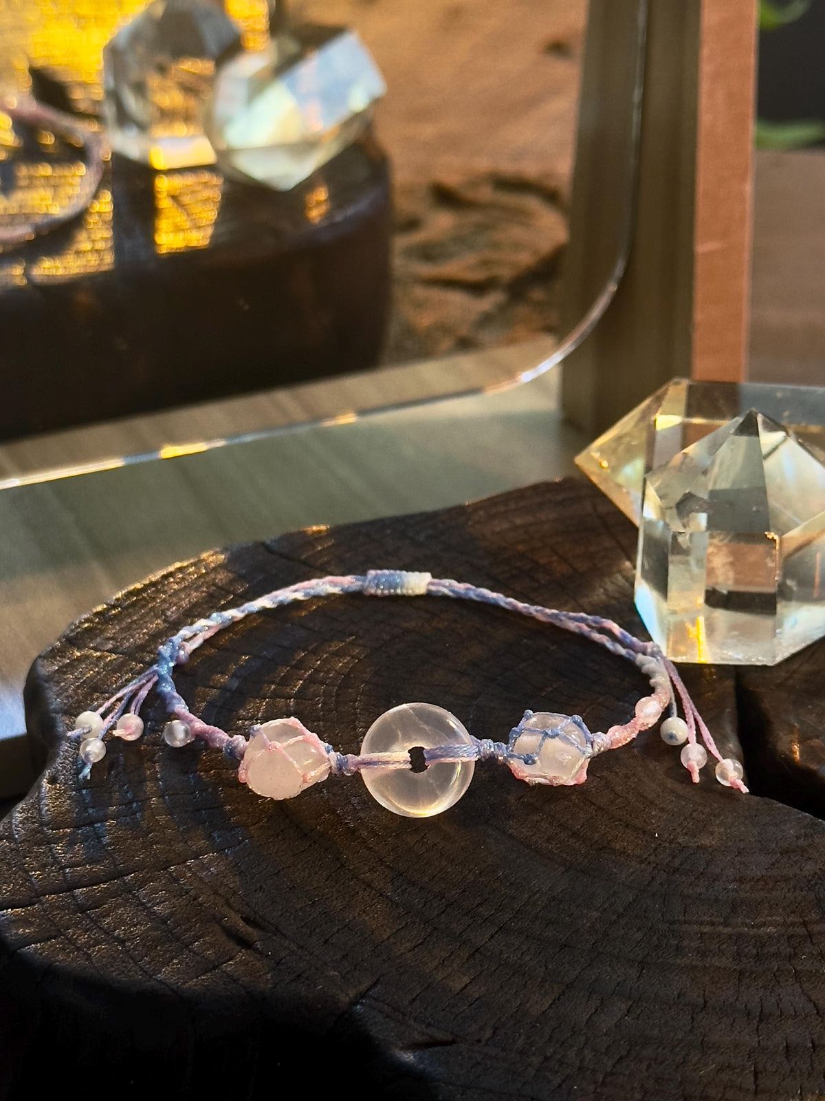 Rose quartz peace buckle adjustable handwoven bracelet