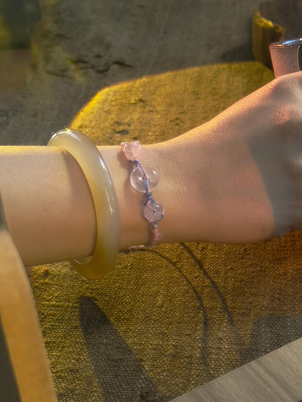 Adjustable rose quartz handwoven cord bracelet