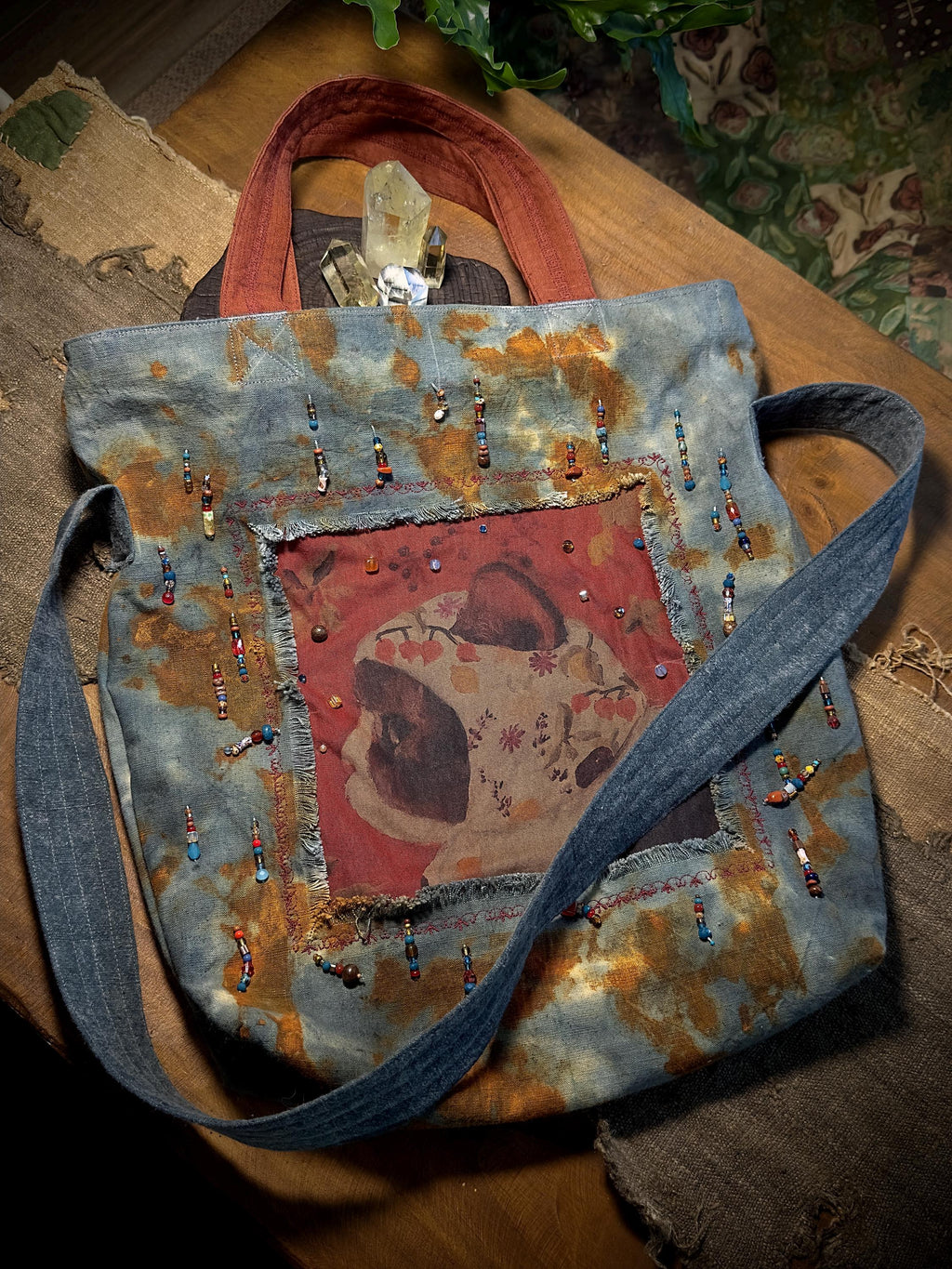 Plant-Dyed & Rust-Dyed Vintage Cat Bag – front view