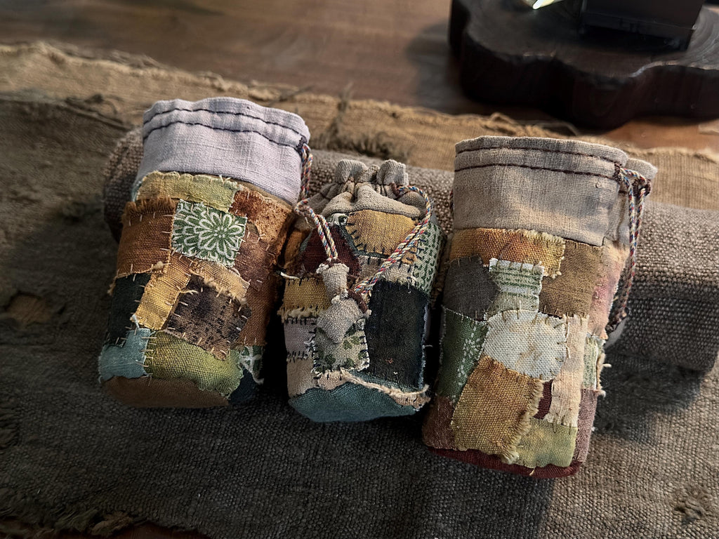 Rustic plant dyed patchwork drawstring coin pouch
