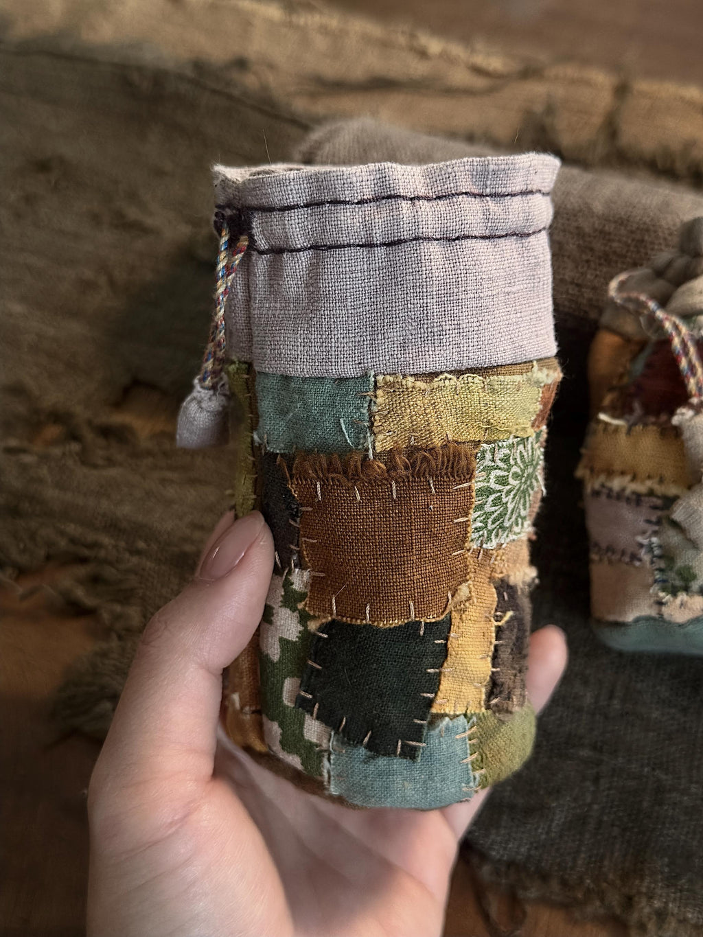 Rustic plant dyed patchwork drawstring coin pouch