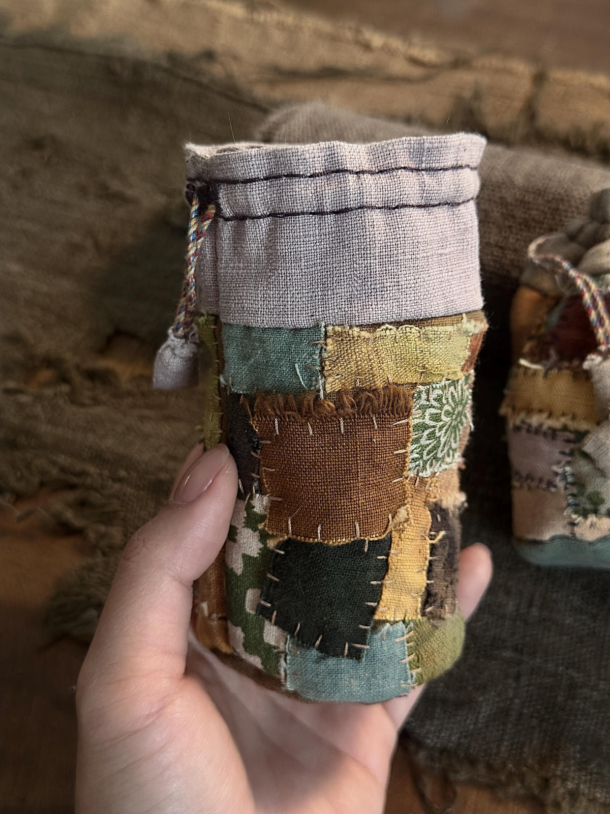 Rustic plant dyed patchwork drawstring coin pouch