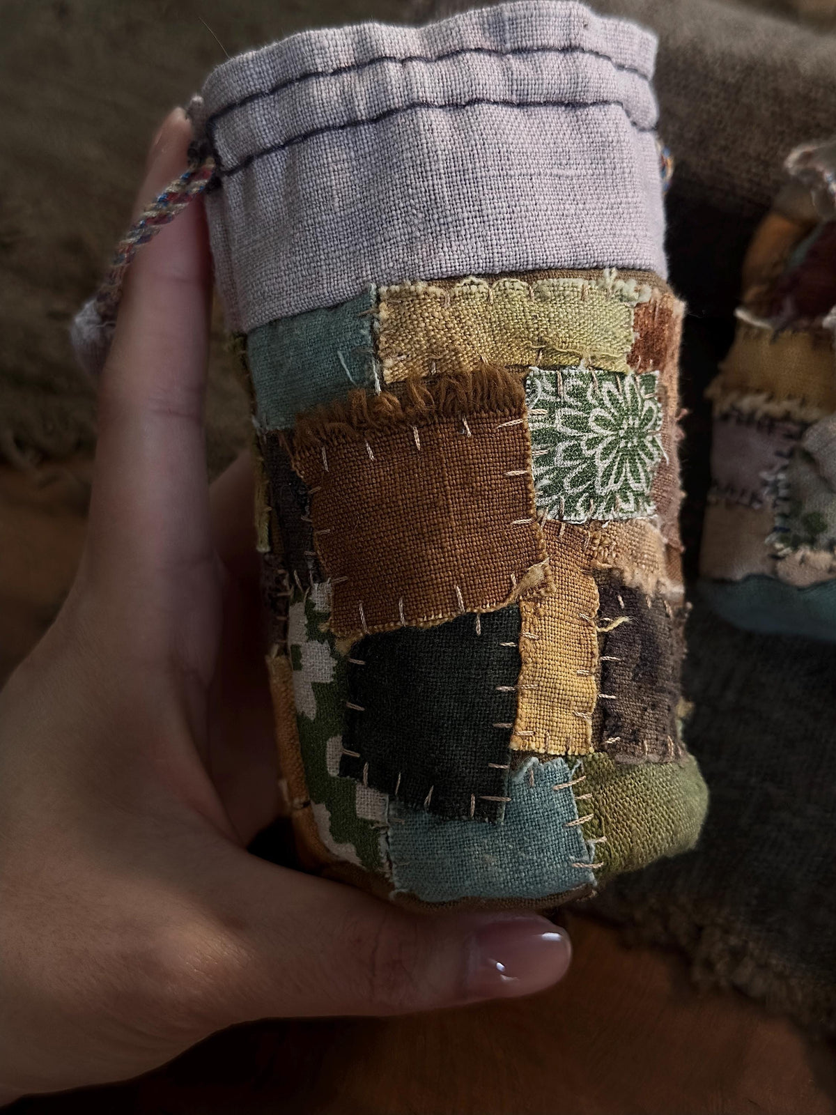 Rustic plant dyed patchwork drawstring coin pouch