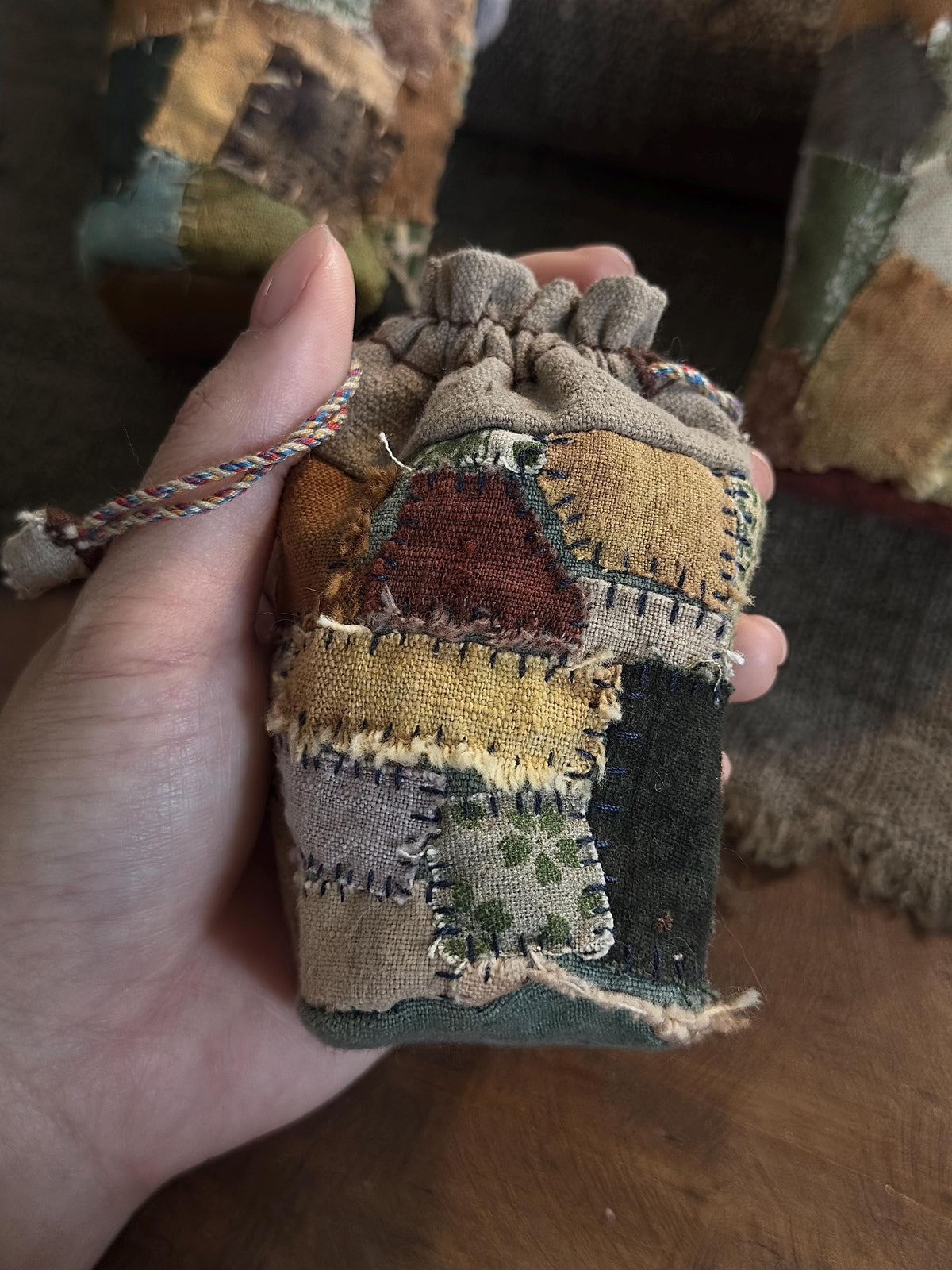 Rustic plant dyed patchwork drawstring coin pouch