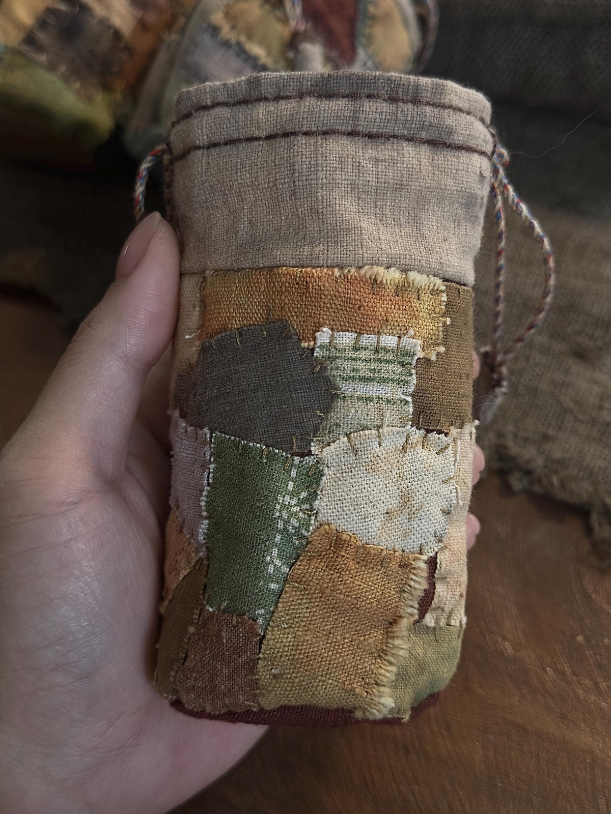 Rustic plant dyed patchwork drawstring coin pouch