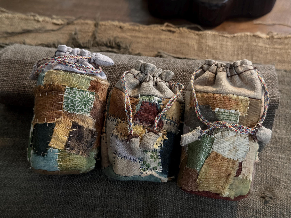 Rustic plant dyed patchwork drawstring coin pouch