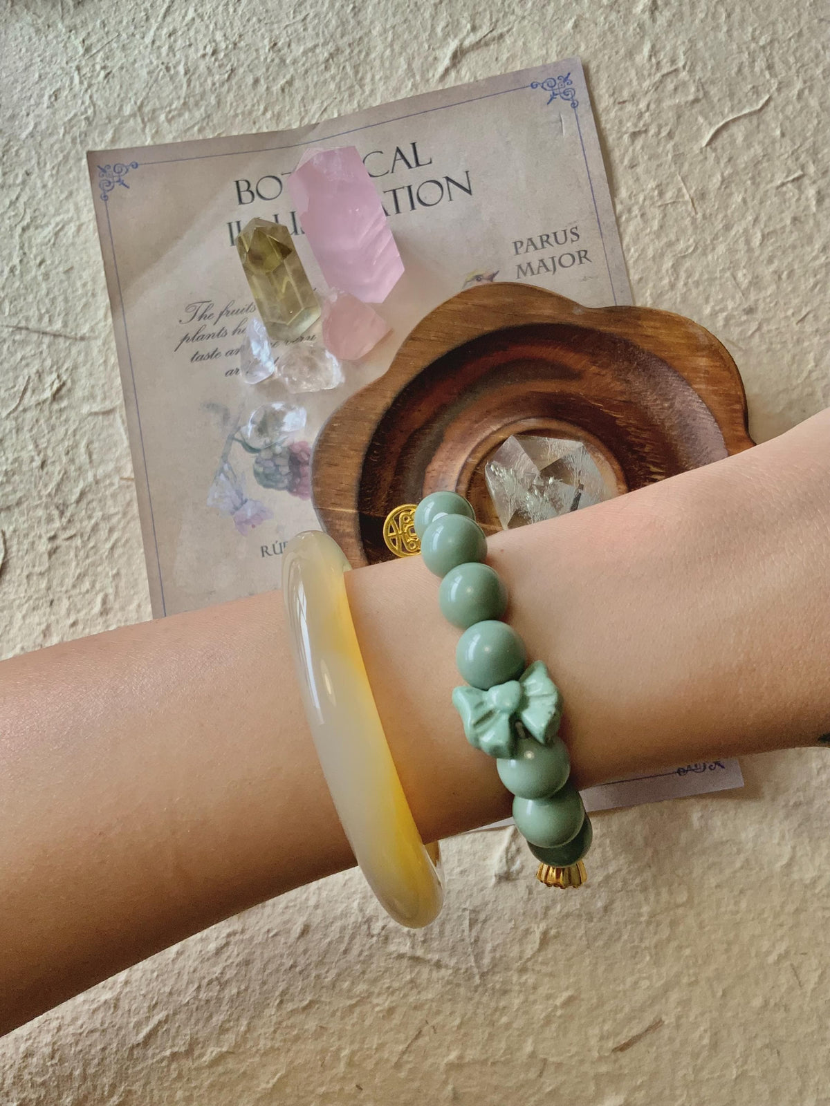 Vintage Sage Green Bird & Ribbon Bow Alashan Agate Bracelet