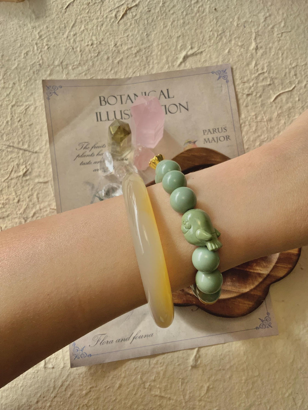 Vintage Sage Green Bird & Ribbon Bow Alashan Agate Bracelet