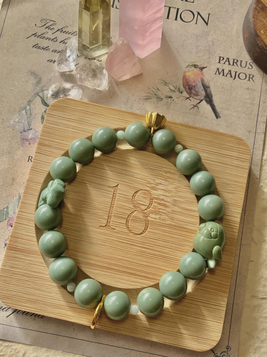 Vintage Sage Green Bird & Ribbon Bow Alashan Agate Bracelet