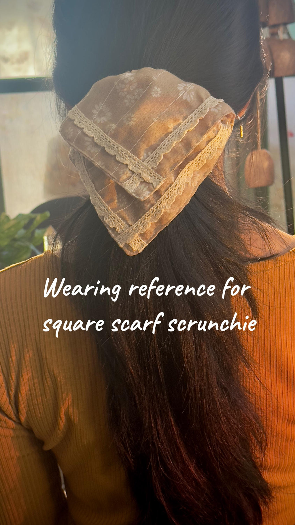 Handmade sage green square scarf hair tie detail