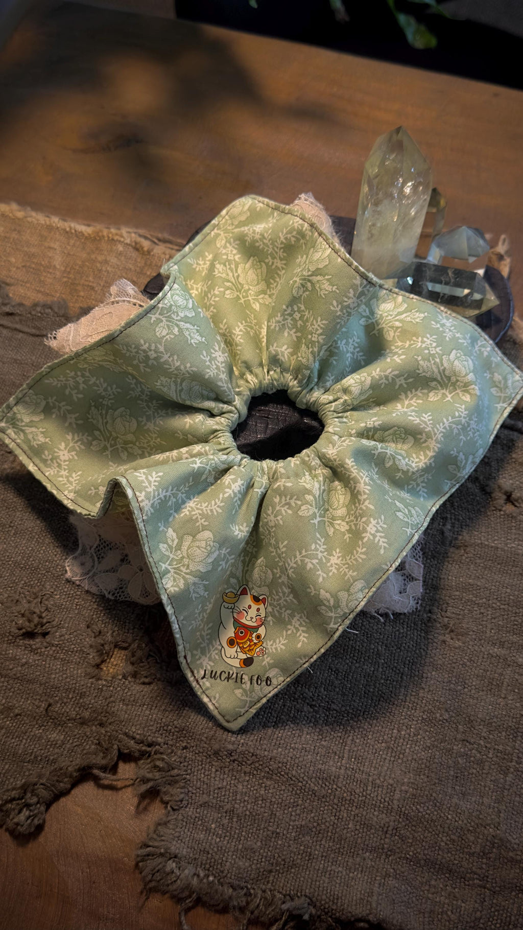 Floral cotton and lace scarf scrunchie handmade detail