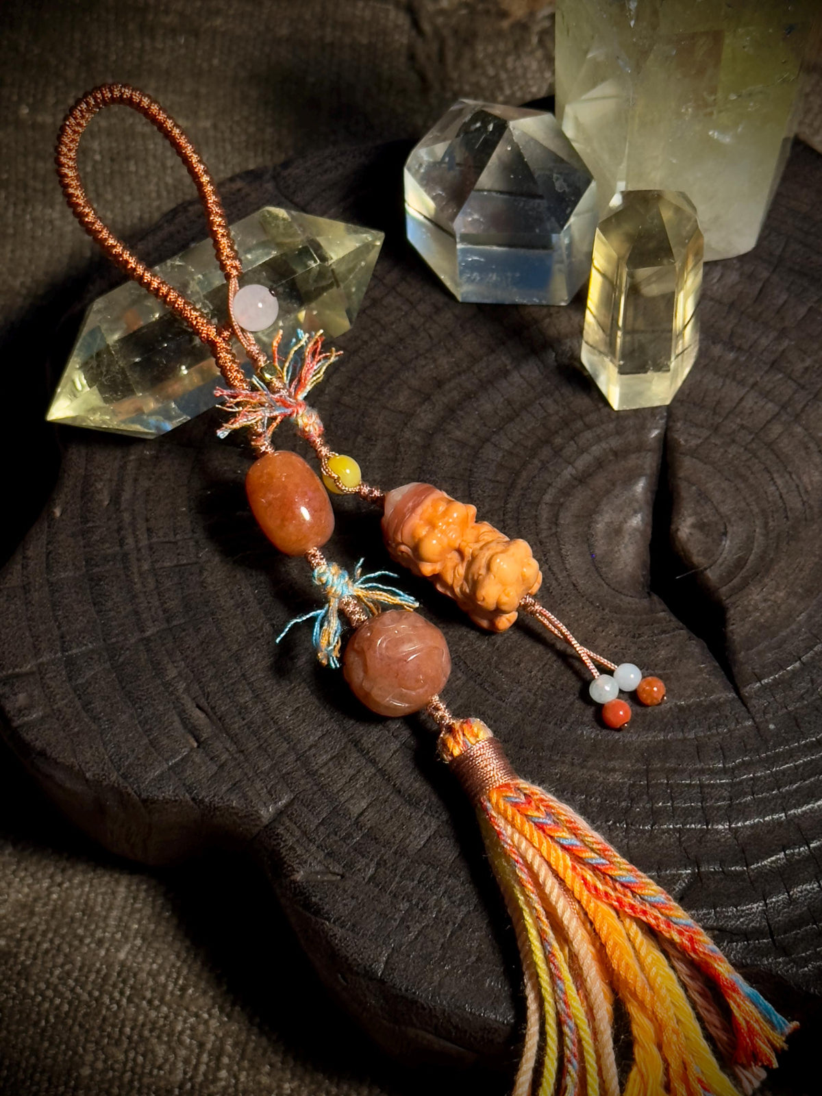 Shiva Trimurti Burmese yellow jade handwoven charm