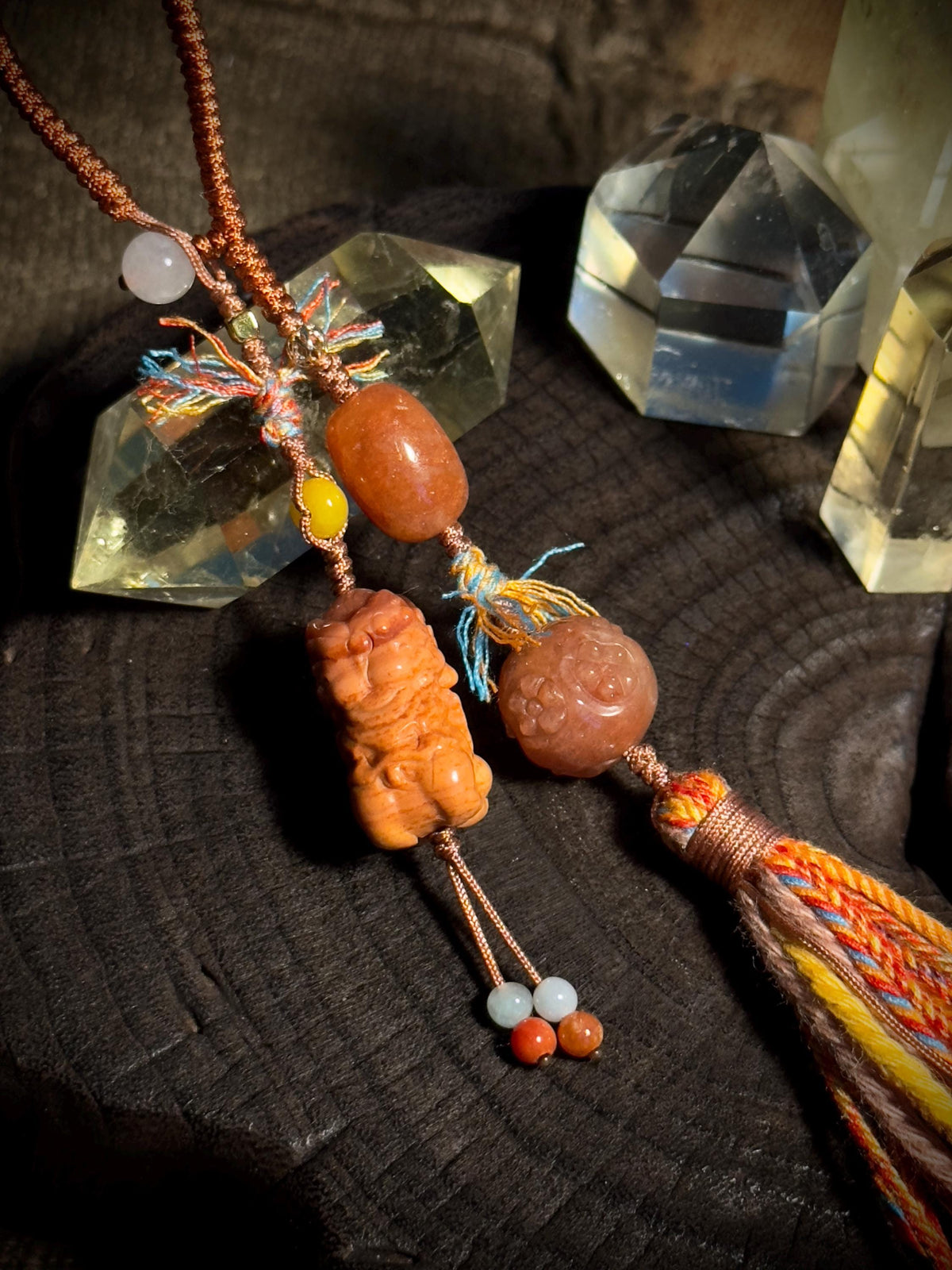 Shiva Trimurti Burmese yellow jade handwoven charm