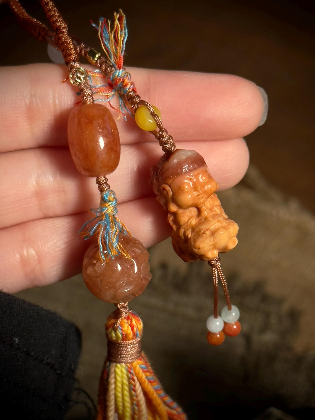 Shiva Trimurti Burmese yellow jade handwoven charm