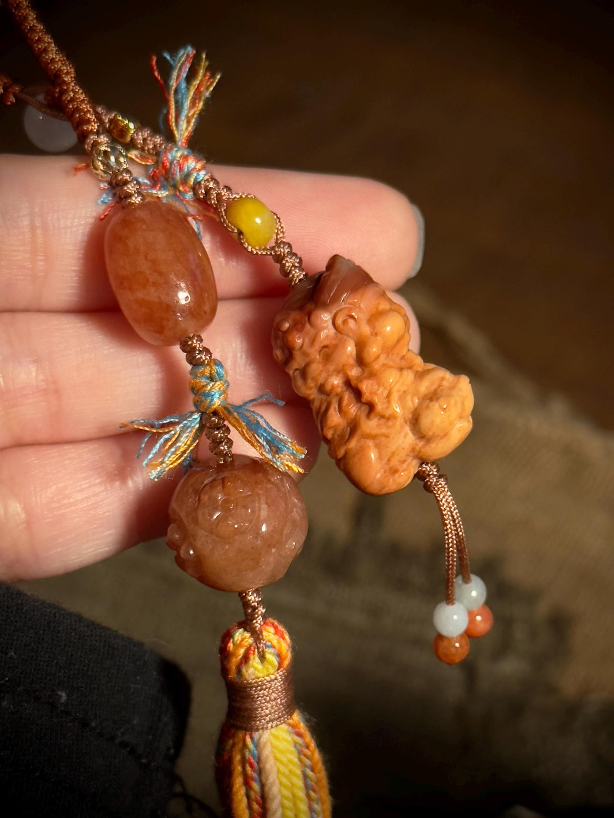 Shiva Trimurti Burmese yellow jade handwoven charm