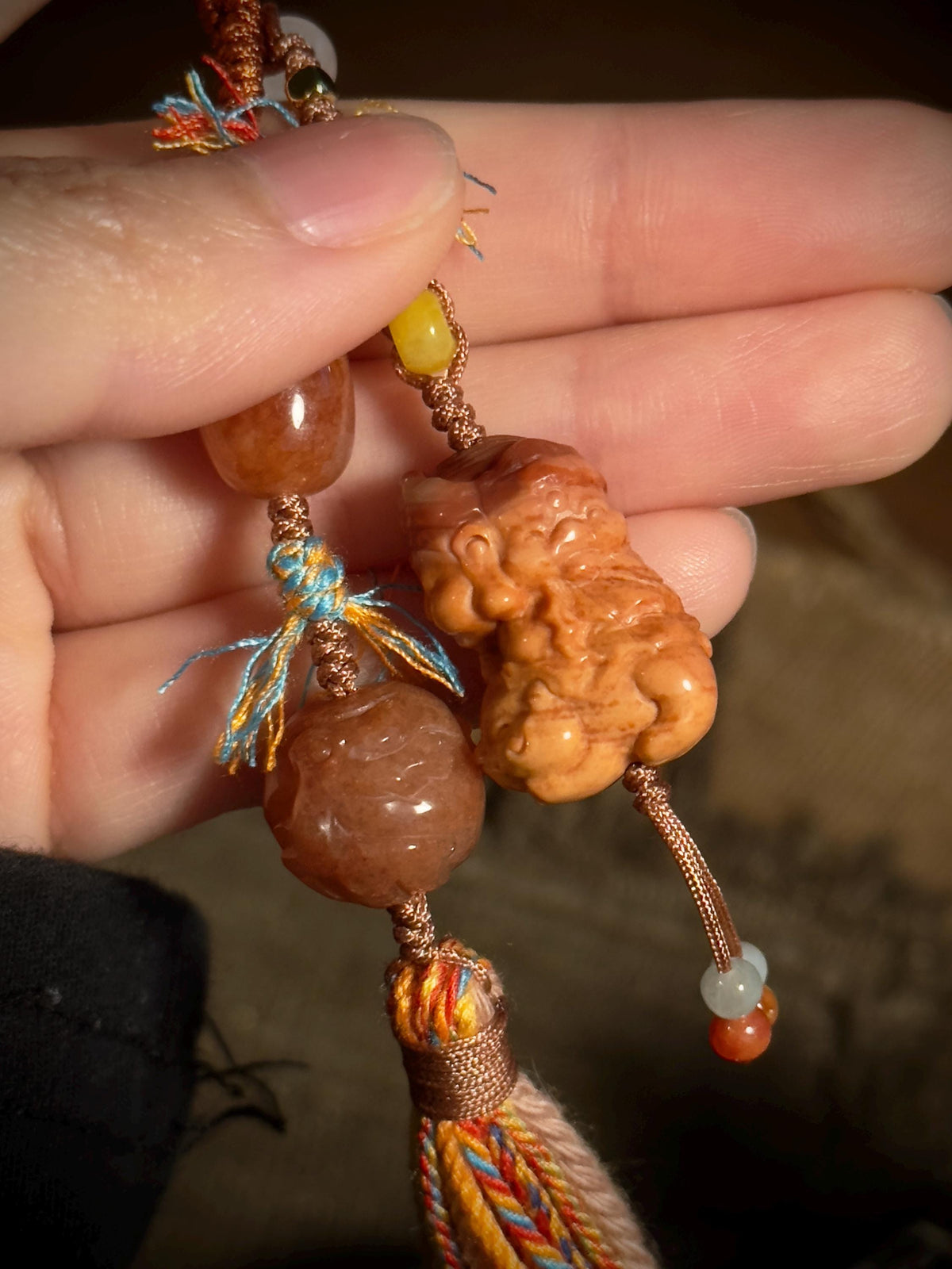 Shiva Trimurti Burmese yellow jade handwoven charm