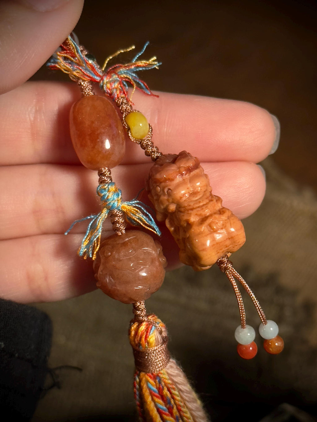 Shiva Trimurti Burmese yellow jade handwoven charm