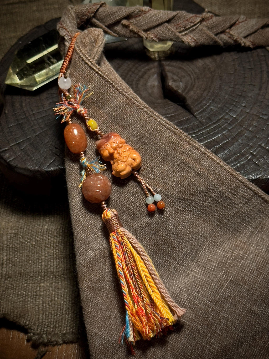 Shiva Trimurti Burmese yellow jade handwoven charm