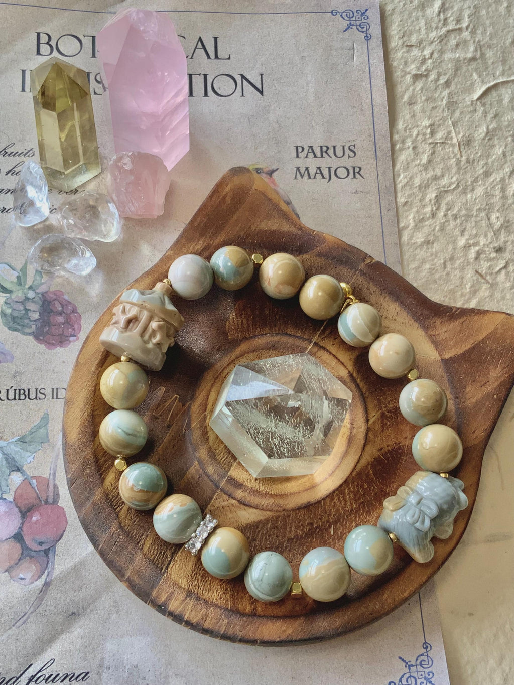 Blue Grey & Tan Beige Shy Bear & Carousel Alashan Agate Bracelet