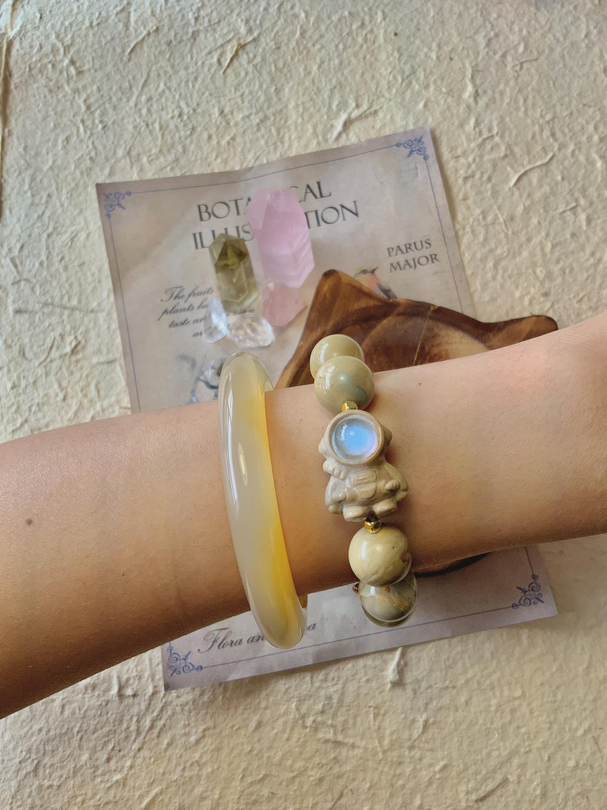 Tan Beige Astronaut & Star Alashan Agate Bracelet