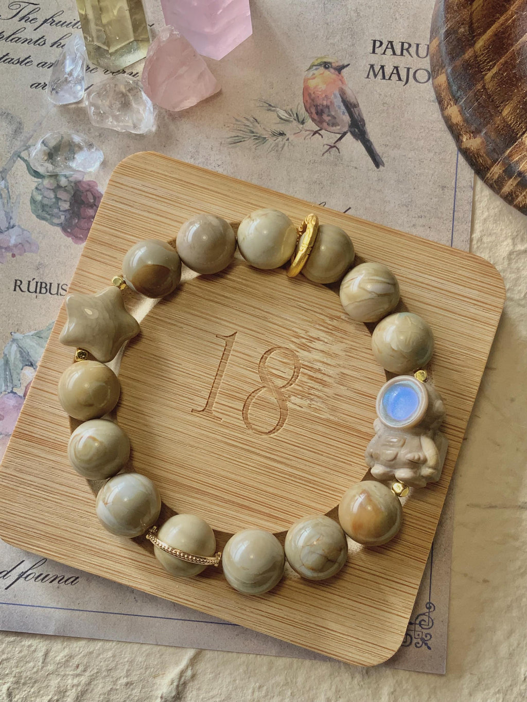 Tan Beige Astronaut & Star Alashan Agate Bracelet